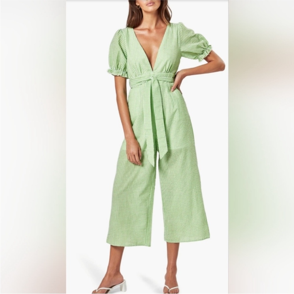 Charlie Holiday gingham plunge neck jumpsuit in green